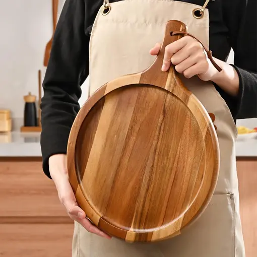 Acacia 17-inch Wooden Cutting Board Round Wood Charcuterie Board Cheese with Handle Pizza Bread Serving Board for Meat